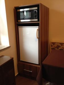 a small refrigerator with a microwave on top of it at Viva Apartman in Sárvár