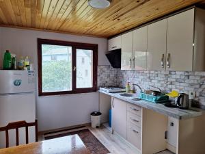 a kitchen with a sink and a refrigerator at Hamsiköy doğada dubleks konaklama in Macka