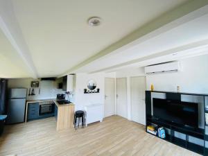 een grote woonkamer met een keuken en een flatscreen-tv bij Magnifique appartement climatisé + accès piscine in Puissalicon