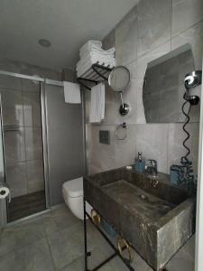 a bathroom with a sink and a toilet and a shower at Gala Otel Edirne in Edirne