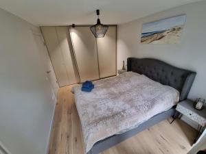 Ķesterciems的住宿－Angren Albatross, SEA & SPA，卧室位于角落,配有一张大床