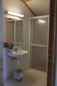 a bathroom with a sink and a shower with a mirror at Mauranger Kro & Gjestehus in Bondhus