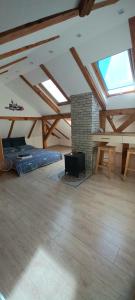 a attic room with a bed and a tv at Vėtrungėlė in Nida