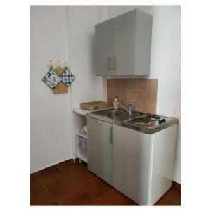 una pequeña cocina con fregadero y armario en Sartivista Bed & Breakfast, en Sarti