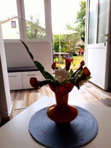 a red vase with flowers in it on a table at Apartments Krstos place in Kotor
