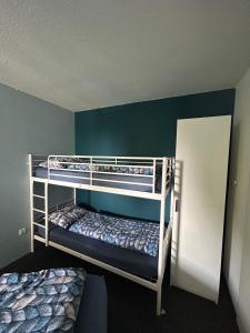 ヴィンターベルクにあるAppartement de Ruiterの緑の壁のドミトリールームの二段ベッド2台分です。