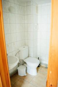 a bathroom with a white toilet and a sink at Beach Bus Hotel in Roja