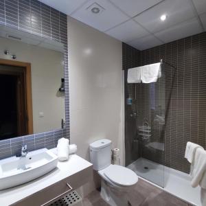 a bathroom with a toilet and a sink and a shower at Aparthotel Meseguer in Alcañiz