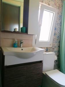 W łazience znajduje się umywalka, lustro i toaleta. w obiekcie Vacation House in Agiokampos w mieście AgiaKampos