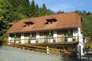 a large building with a roof and a balcony at Waldhotel Pfarrmühle in Eisenberg