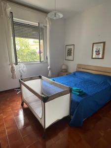 een slaapkamer met een bed met een blauw dekbed en een raam bij La casetta di Chloè residence con Piscina in Santa Marinella