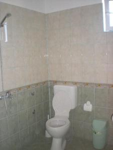a small bathroom with a toilet and a shower at Къща за Гости Тера in Kiten