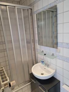 un bagno con lavandino e doccia di Ferienwohnung Ribnitz-Damgarten a Ribnitz-Damgarten