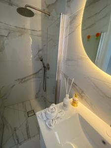 カルミエルにあるstudio ilanitのバスルーム(シンク、シャワー、鏡付)