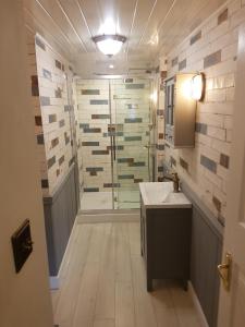 a bathroom with a shower and a sink at Briar Cottage in Looe