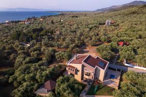 an aerial view of a house with the ocean in the background at Villa Nous luxury in Skala Sotiros