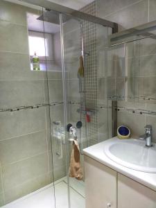 a shower with a glass door next to a sink at Chambres et Gîte équestre Le Sellier 