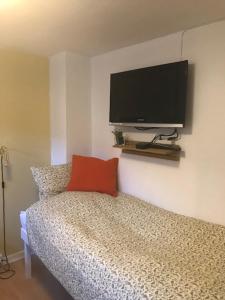 um quarto com uma cama e uma televisão na parede em Spangsbo b&b em Randers