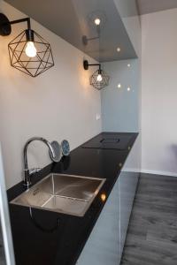 uma cozinha com um lavatório e duas luzes em Ruim appartement in monumentaal gebouw em Vianen