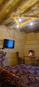 a bedroom with a fireplace and a tv on a wall at Cappadoo 
