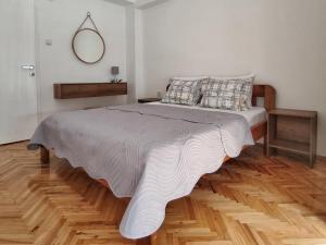 ein Schlafzimmer mit einem großen Bett und Holzboden in der Unterkunft Businoski's Apartment in Ohrid