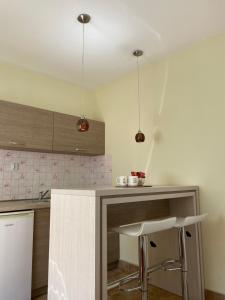 a kitchen with a counter with two lights above it at Apartments Lalević in Donji Morinj