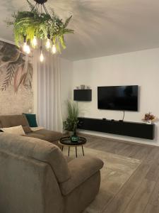 uma sala de estar com um sofá e uma televisão de ecrã plano em Scandiland Apartment em Brasov
