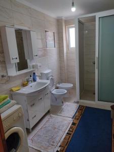 a bathroom with a sink and a toilet and a shower at Apartman Dakovic in Zlatište