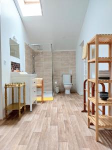 a bathroom with a shower and a toilet in a room at Maison Rouge in Saint-Jean-dʼAngély