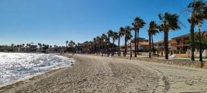 une plage de sable avec des palmiers et des maisons dans l'établissement Apartamento Excelente, à Baños y Mendigo