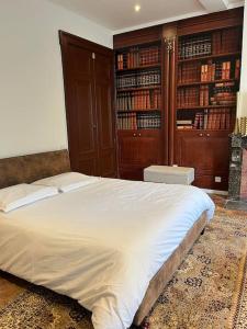 1 dormitorio con 1 cama grande y estanterías en Dejean Vintage-wifi-centre-ville-Vélo, en Castelnaudary