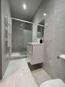 y baño con ducha, lavabo y aseo. en Dejean Vintage-wifi-centre-ville-Vélo, en Castelnaudary
