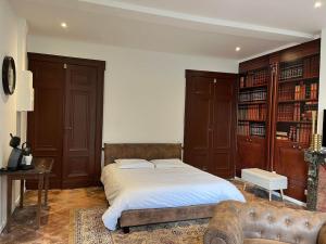 1 dormitorio con cama, sofá y estanterías de libros en Dejean Vintage-wifi-centre-ville-Vélo, en Castelnaudary