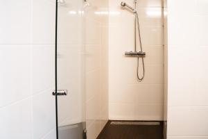 een douche met een glazen deur in de badkamer bij 8ERA Business Executive Rotermanni Apartments in Tallinn