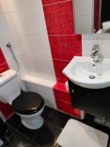 a bathroom with a toilet and a sink at Apartament Baldachówka in Rzeszów +23 photos