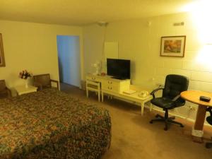 a hotel room with a bed and a desk and a television at Holiday Lodge in Hawthorne