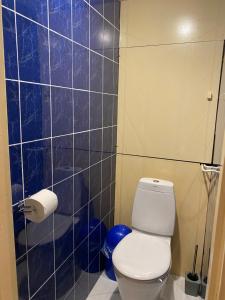 a bathroom with a toilet and a blue tiled wall at Oja 134 Apartments in Pärnu +18 photos