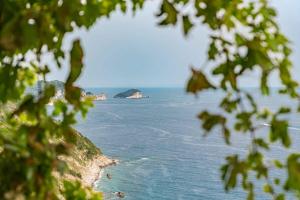 a view of an island in the ocean through a tree at Casa Luciana, TerreMarine, Trekking and Nature in La Spezia