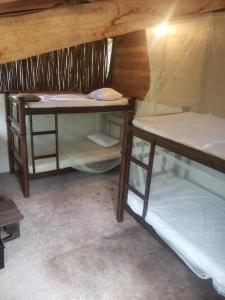 a room with two bunk beds in a cabin at Maria Mulata Palomino in Palomino