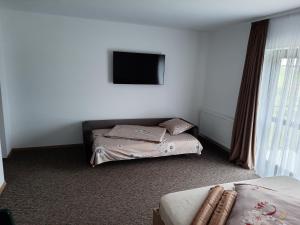 1 dormitorio con 2 camas y TV de pantalla plana en king, en Băile Felix