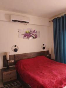 1 dormitorio con cama roja y manta roja en Mashrabeyа Chalet en Hurghada