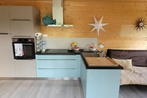 a kitchen with blue and white cabinets and a sink at Tiny House sud du Lot in Le Montat