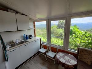 a kitchen with a sink and a large window at Къща за гости Слънце Борики in Gabrovo