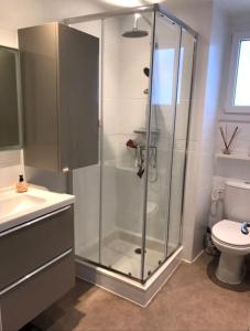 uma casa de banho com um chuveiro e um WC. em Appartement de charme Erdizka em Baiona