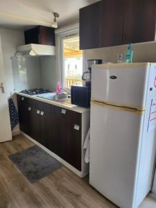 a kitchen with a white refrigerator and a sink at Mobil-home tout confort in Sigean