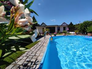 a swimming pool in front of a house at Appartement Ferienhaus Sonnenhain in Sollenau