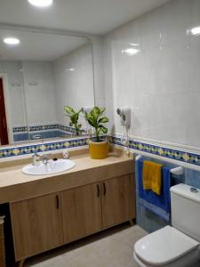 uma casa de banho com um lavatório, um espelho e um WC. em Apto Puipana em Corralejo