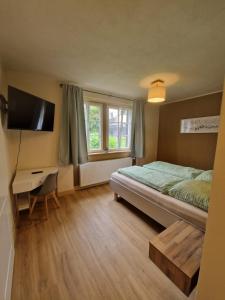 Dormitorio con cama, escritorio y TV en Rebhaus Adams, en Moselkern