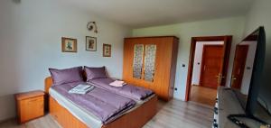Schlafzimmer mit einem Bett und einem Flachbild-TV in der Unterkunft Margaret Holiday Inn in Sîngeorgiu de Mureş