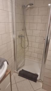 um chuveiro numa casa de banho com uma porta de vidro em Lesch em Barsinghausen